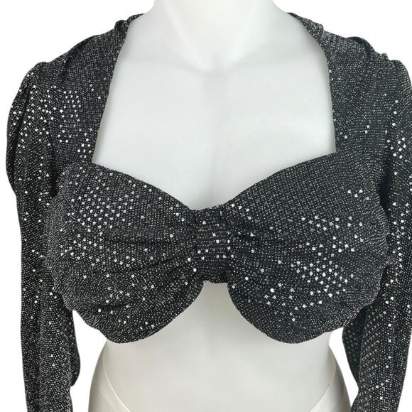Fashion to Figure Leandra Black Puff Sleeve Metallic Sequin Ruched Crop Top Sz L - Picture 7 of 9